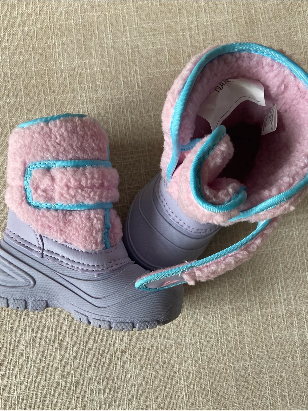 Toddler Girl’s Pink & Lavender Fleece Snow Boots with Blue Trim